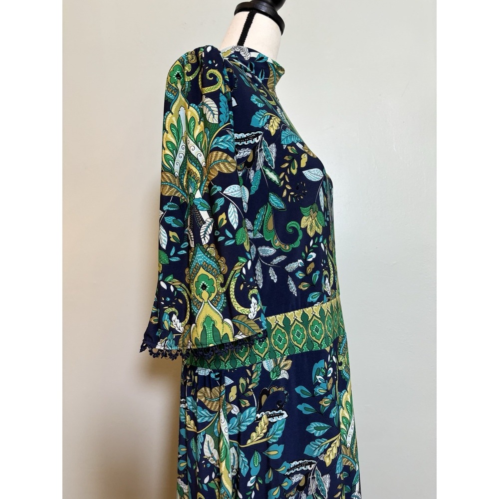 Susan Graver Navy Paisley Floral Midi Dress M Boho Bohemian Mod Retro Chic